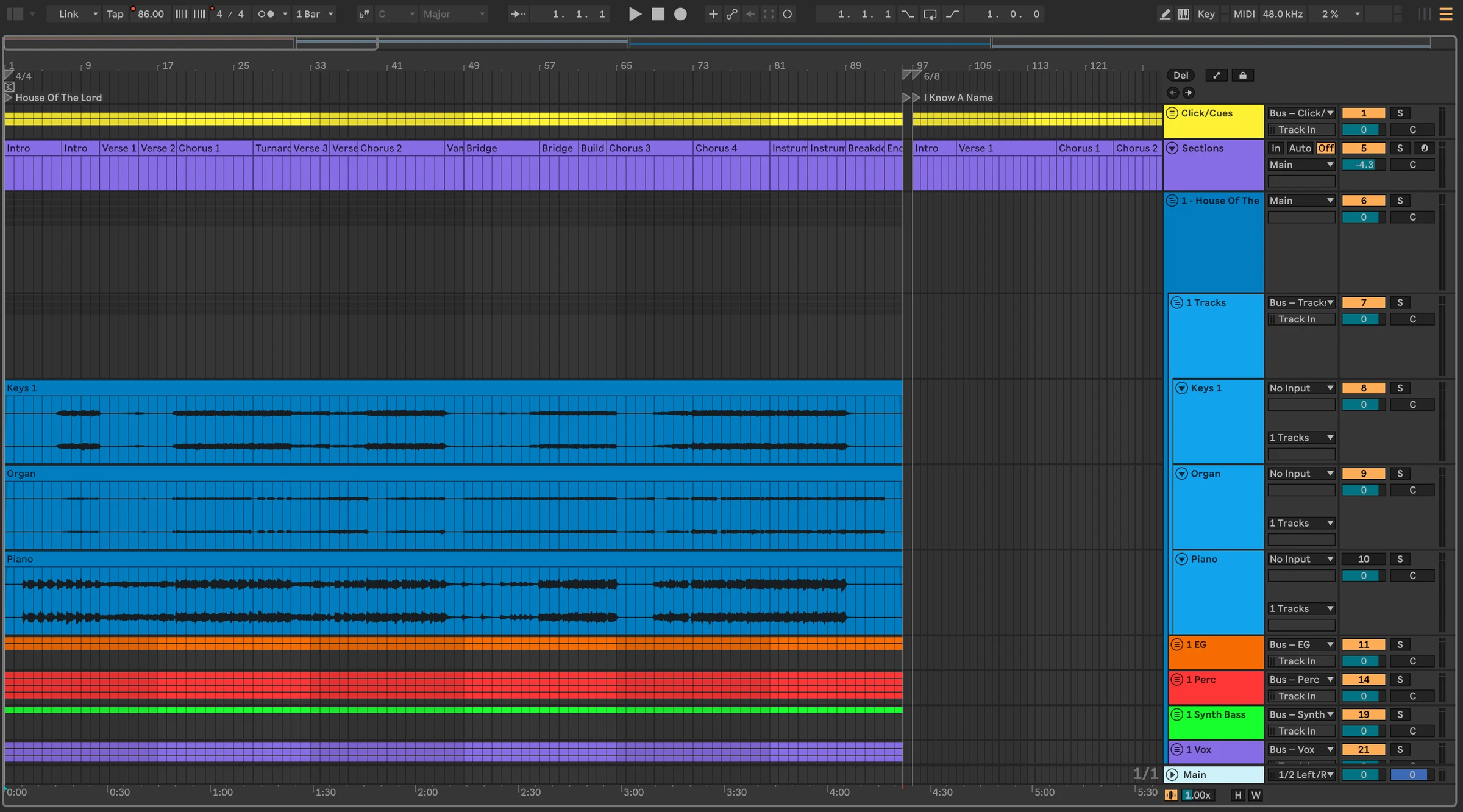 A complete, color-coded TracksBuilder set grouped across tracks in Ableton Live Arrangement View