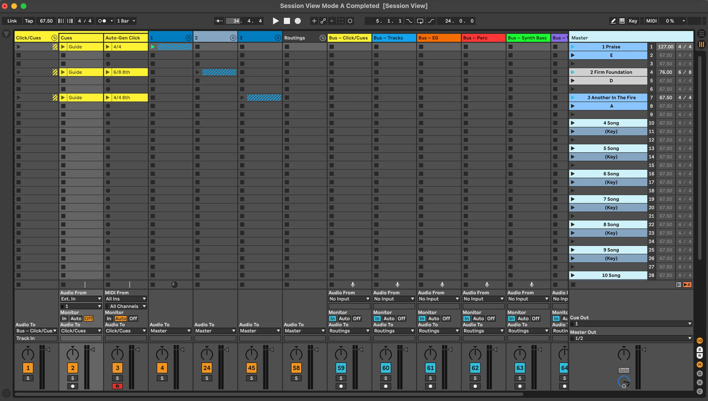 A TracksBuilder set in Ableton Live Session View with grouped tracks and song scenes